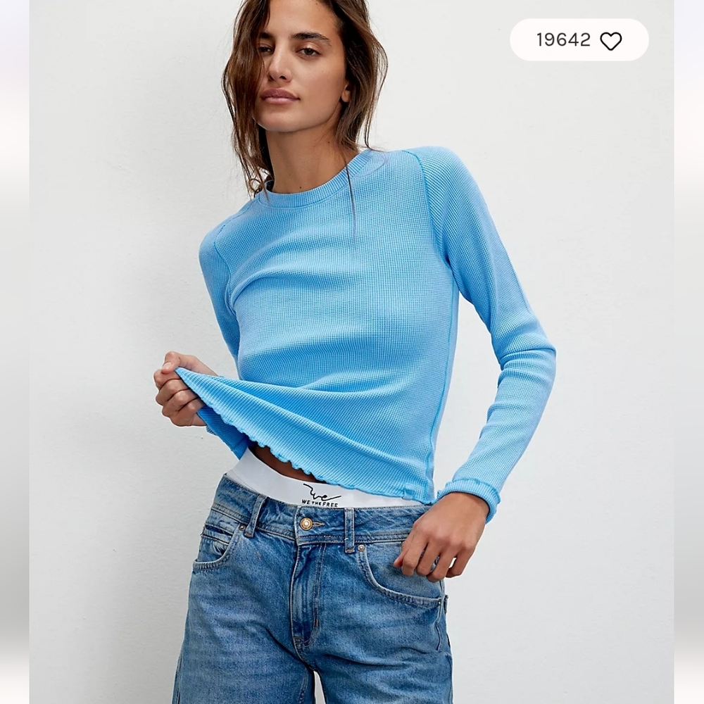 We The Free Easy Does It Waffle Knit Crew Neck Long Sleeve Tee Shirt Large